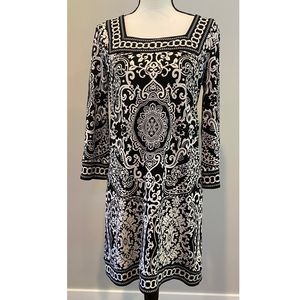 LOFT A-Line Black & White Patterned Medallion Dress 3/4 Sleeves SIZE SMALL